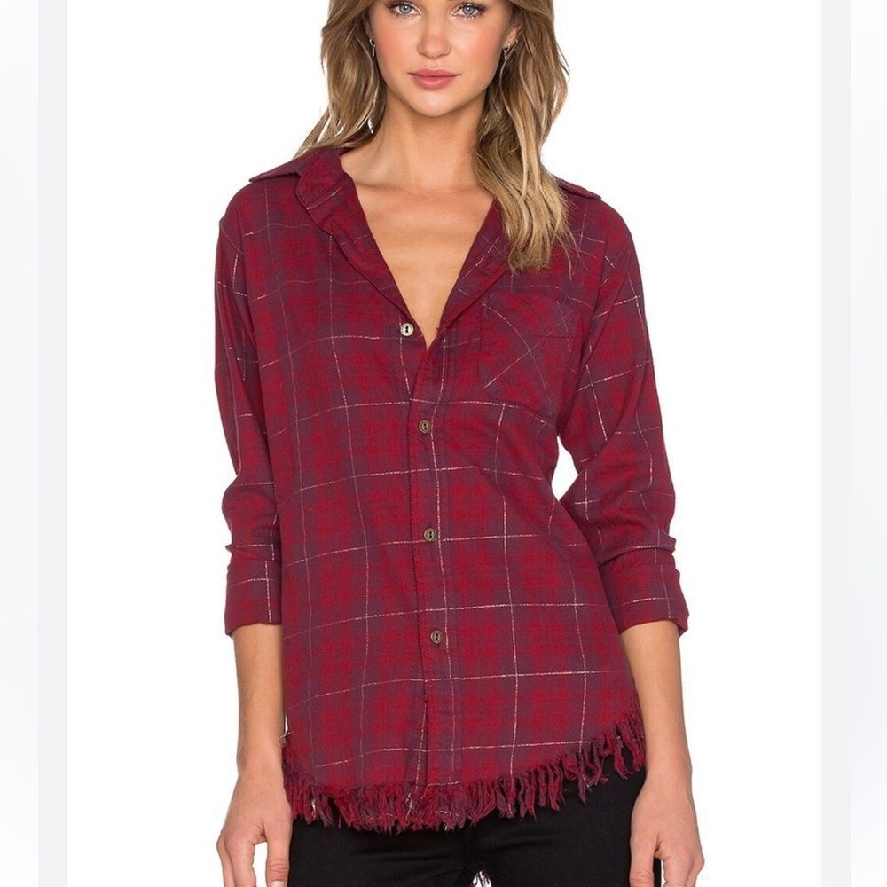 Current/Elliott The Prep School Shirt, Syrah Tinsel Plaid Size 3 is large
